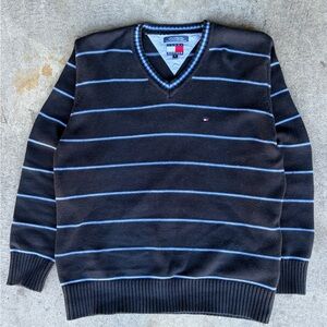 Vintage Navy and blue striped Tommy V neck Hilfiger sweater